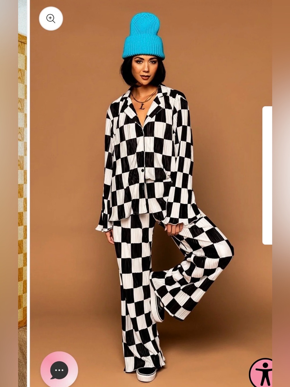 Dressed in Lala black & White Checkerboard Kids Button-Up Top and pant Set